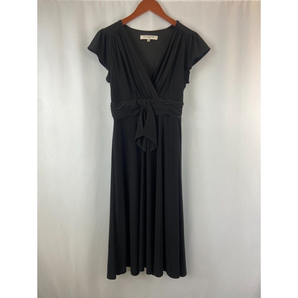 Evan Picone Size 8 Black Midi Dress Flutter Sleeves Cocktail V-Neck Ruched Party